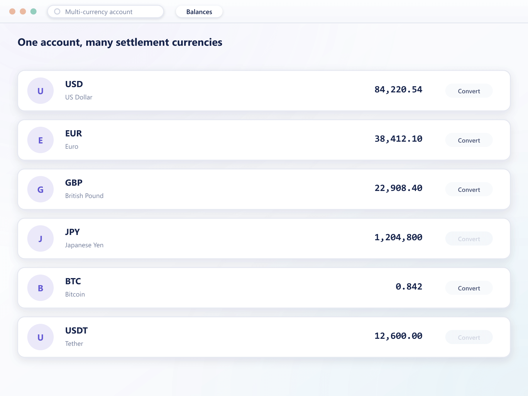 Multi-currency balance list with a convert action per currency