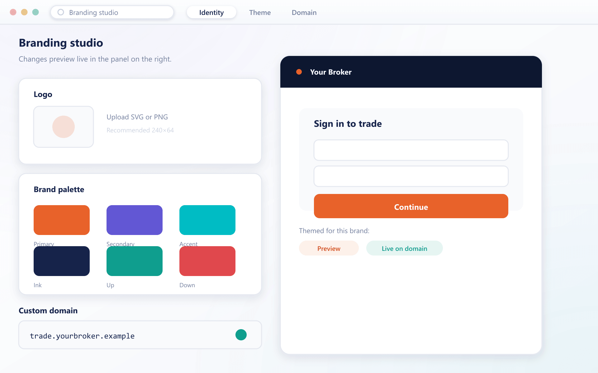 Branding studio with logo upload, palette swatches and a live-themed login preview