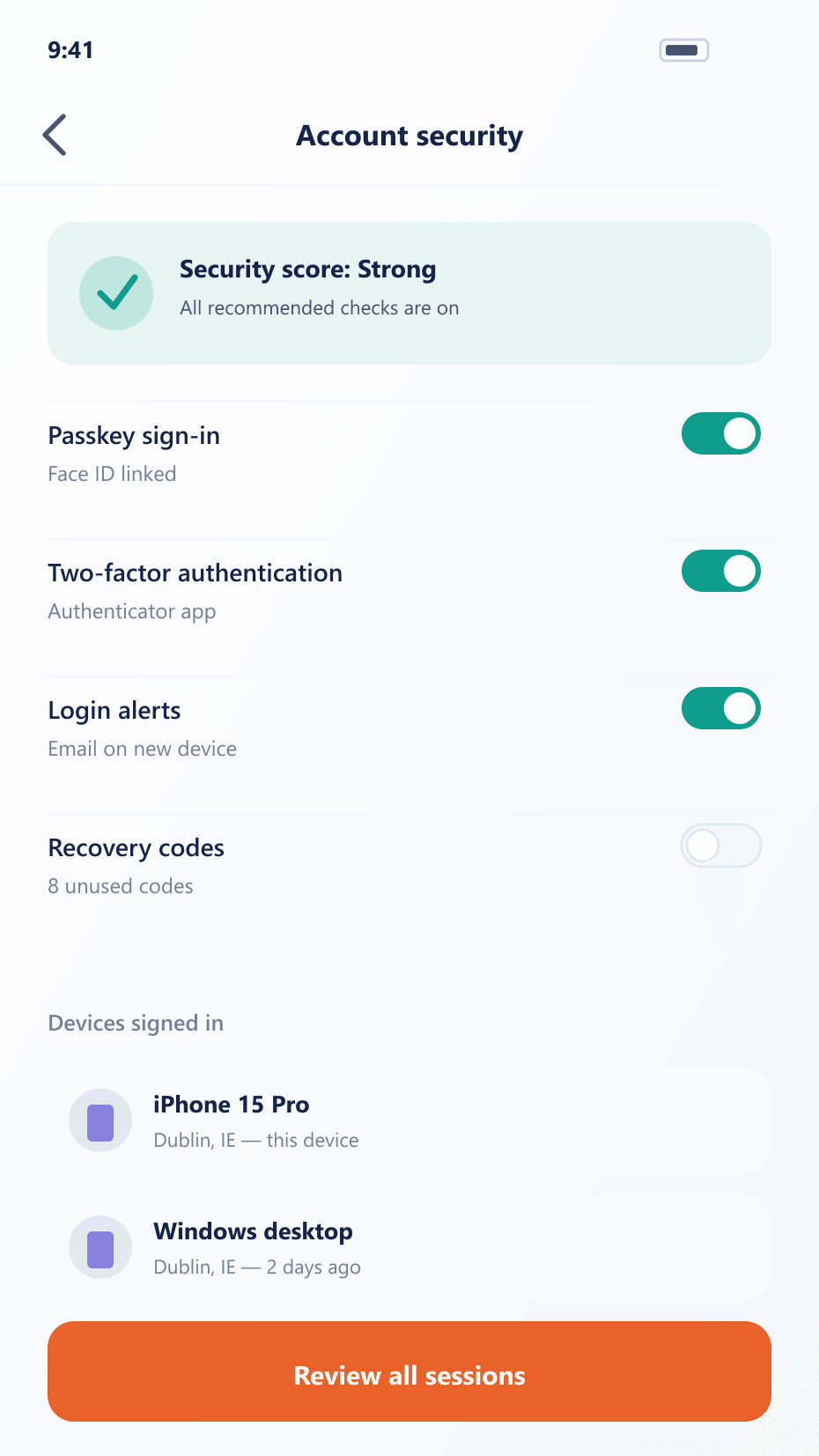 Mobile account security screen with a security score, passkey and device list