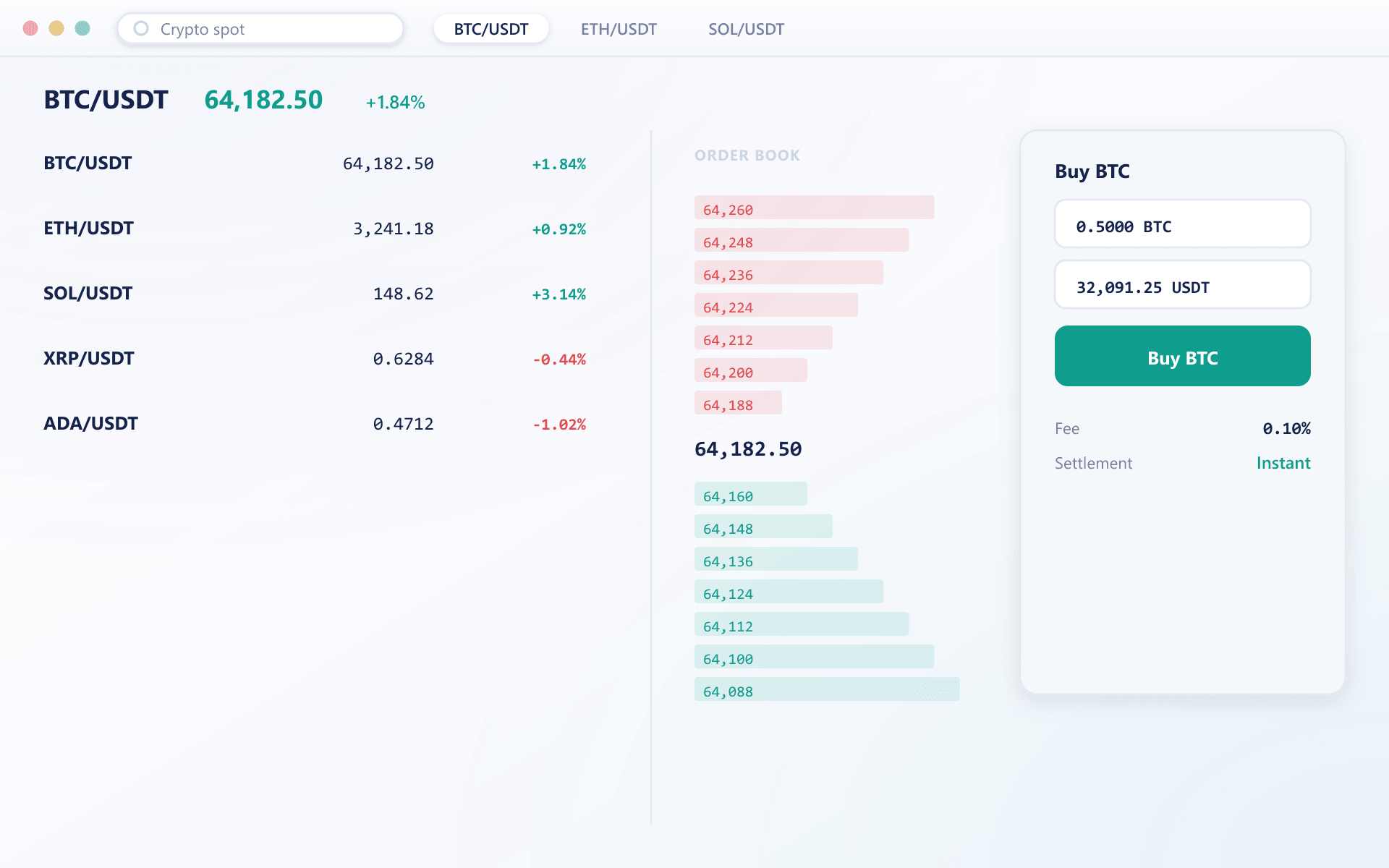 Spot pair list, order book ladder and a quick-buy panel for BTC